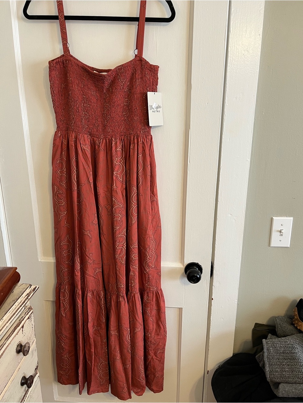Wrangler Rust-Red Smocked Bust Maxi Dress with Subtle Print